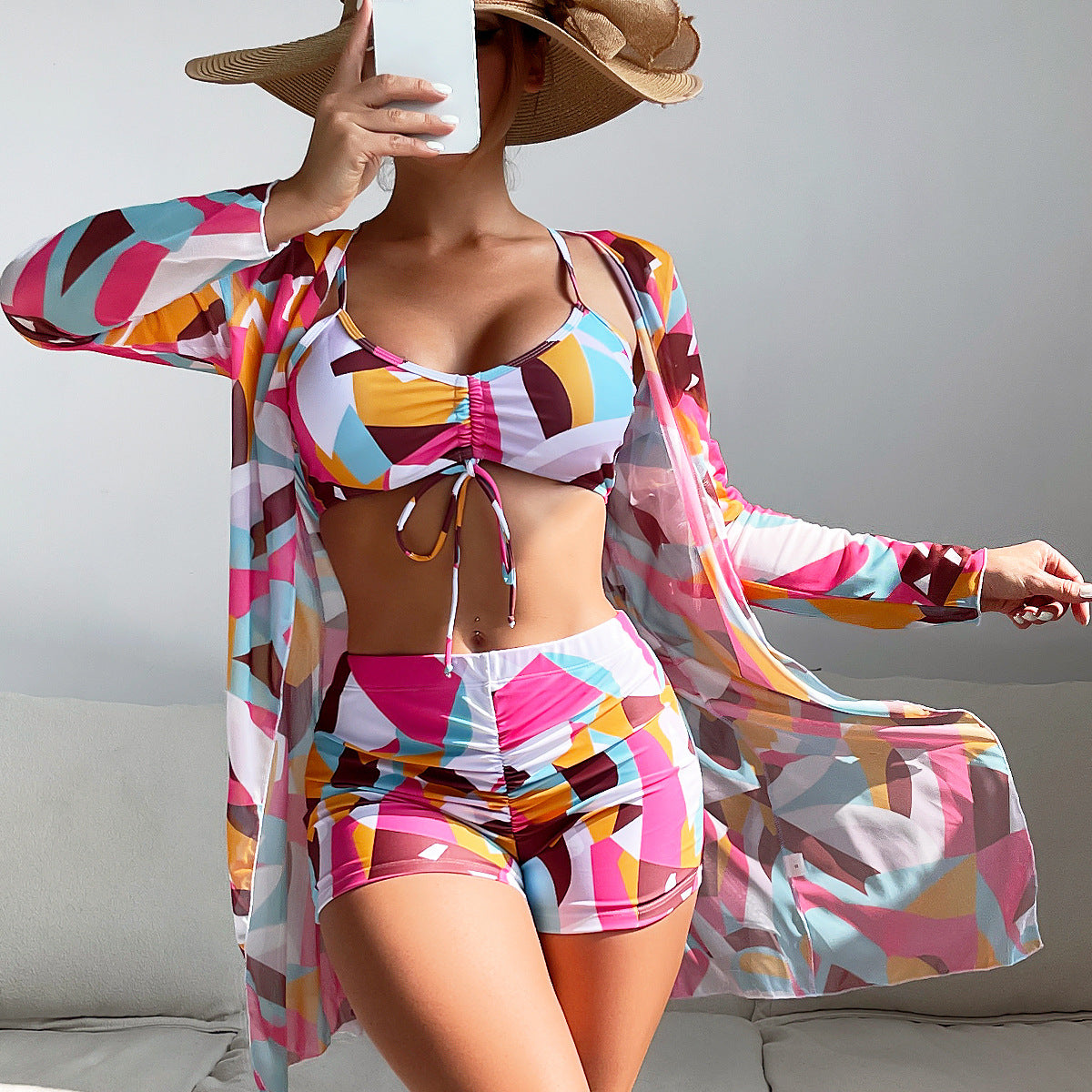 Conjunto de tres piezas de traje de baño de poliéster dividido al por mayor